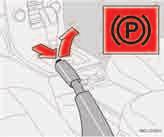 Přístroje a ovládací prvky Parkovací brzda, elektrická zásuvka Parkovací brzda (ruční brzda) Páka parkovací brzdy je umístěna mezi předními sedadly. Parkovací brzda působí na zadní kola.