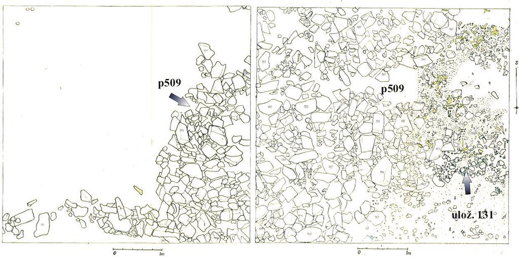 Přehled výzkumů 56-2, Brno 2015 1 Obr. 15. 1 plány čtverců A-X a B-X s povrchem SSJ.16_p509; 2 západní profil čtverce A-X. Abb. 15. 1 Pläne der Quadrate A-X und B-X mit der Oberfläche des VSE.