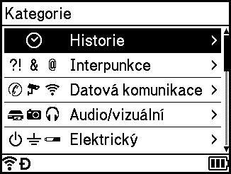 Tisk štítku pomocí klávesnice přístroje na štítky P-touch d Na obrazovce vytváření štítků zadejte symbol, který chcete přidat do historie, stiskem klávesy Symbol, vyberte kategorii symbolu pomocí