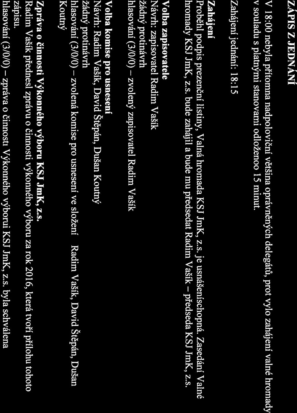 . 2. 2017 v 18:00 hod, která byla rozeslána elektronicky 1. 2. 2017 v 17:03 s následujícím programem: - zahájení - volba zapisovatele a komise pro usnesení - zpráva o činnosti Výkonného výboru KS), z.
