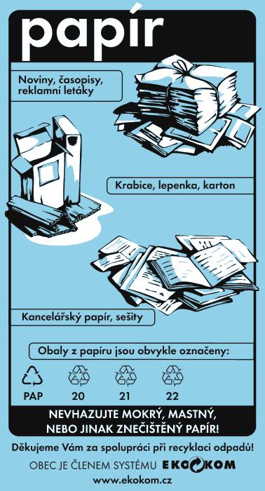 Modrý kontejner - PAPÍR Modrý kontejner je určen pro papír. Patří do něj, noviny, časopisy, letáky, krabice, lepenky a karton, kancelářský papír a sešity.