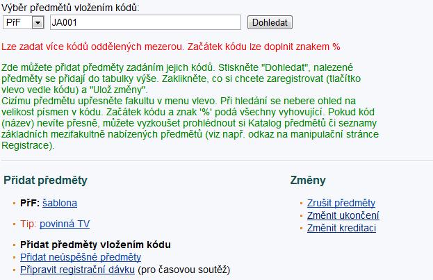 Registrace předmětů nabídku předmětů