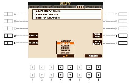 OWNER Vyvolejte ovládací displej. *FUNCTION+ *I+ UTILITY TAB * ][ ] OWNER [D] BACKUP Umožňuje zálohovat všechna data nástroje na USB médium. Viz Základní ovládání v Uživatelském manuálu.