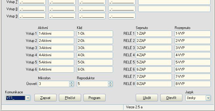 manuál II Pager VT 20 9.0 Názvy VSTUPŮ a VÝSTUPŮ V následující části programu je možné přiřadit názvy VSTUPŮM a VÝSTUPŮM.