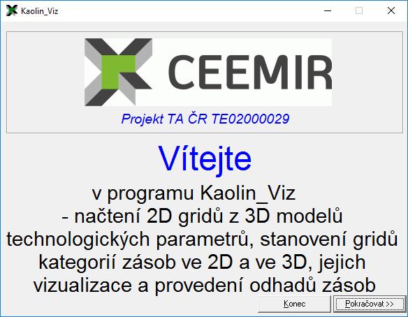 Dále následuje podrobný popis ovládání programu Kaolin_Viz, modulu Kategorizace bloků zásob na základě gridů výplavu, Al2O3, Fe2O3, TiO2 a Fe2O3+TiO2 exportovaných programem Kaolin_A a zadaných