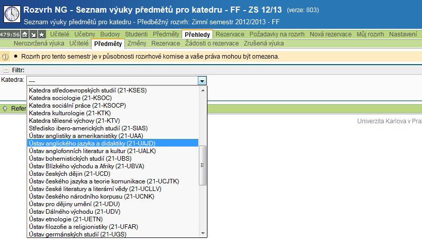 2. Zobrazení rozvrhu Rozvrženou výuku pro jednotlivou základní součást (ZS) lze zobrazit v záložce Přehledy, Předměty a zvolením dané ZS.