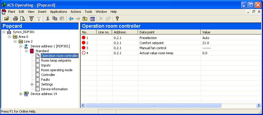 5.2.2 Ovládání a monitoring pomocí ACS ACS Operating V programu ACS Operating vyberte Plant, potom Open, čímž se otevře zařízení.