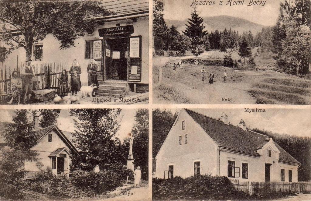 Historická okénková pohlednice pochází z let 1902-1915, kdy obchod se smíšeným zbožím na čp. 176 provozoval Arnošt Maceček (1845-1926). Před stavením s mlýnem čp.