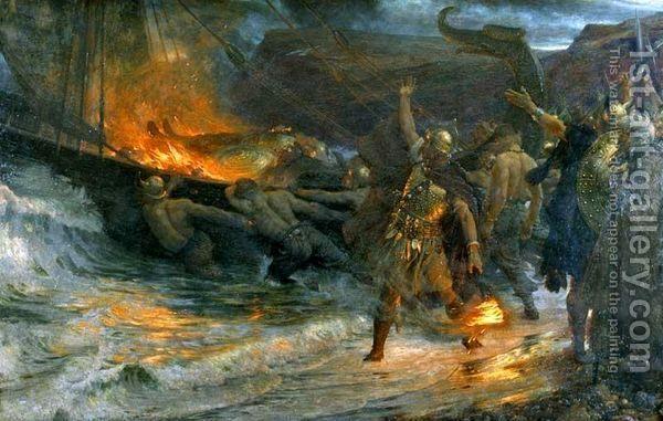 Při typickém vikingském pohřbu bylo tělo zemřelého bojovníka uloženo do lodě, jež byla jeho druhy zapálena a vyslána na cestu na širé moře.