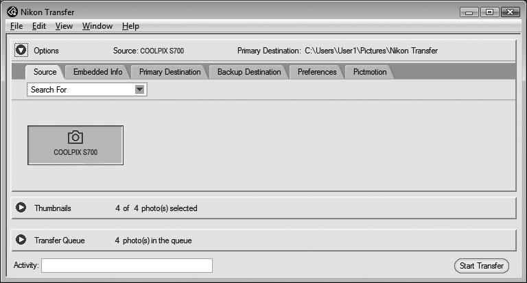 Propojení s počítačem 5 Po načtení aplikace Nikon Transfer přeneste snímky. Klepněte na tlačítko [Start Transfer] (Zahájit přenos) v aplikaci Nikon Transfer.