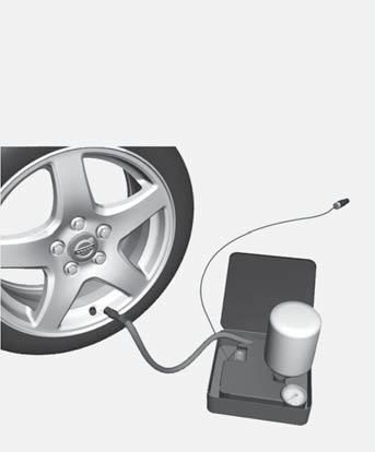06 Údržba a servis Kola a pneumatiky Utěsnění propíchlé pneumatiky VAROVÁNÍ Těsnicí prostředek může podráždit kůži. V případě kontaktu s kůží omyjte postižené místo vodou a mýdlem. 3.