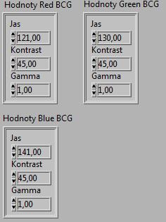 Obr. 19: Volba hodnot jasu, kontrastu a koeficientu gamma korekce u bloku IMAQ ColorBCGLookup.