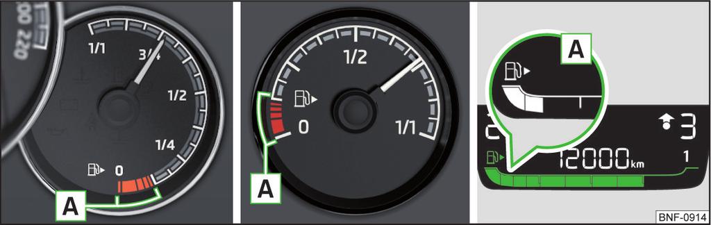 Ukazatel zásoby paliva - benzin Ukazatel zásoby paliva - benzin / CNG Obr. 21 Ukazatel zásoby benzinu a CNG Obr. 20 Ukazatel zásoby benzinu: varianta 1 / varianta 2 / varianta 3 Ukazatel» obr.