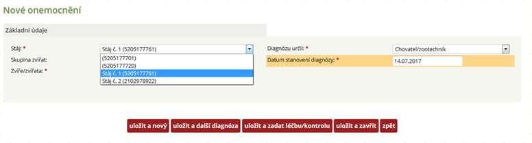 diagnózy/úkonu ZADÁNÍ stáje, osoby, data ošetření.