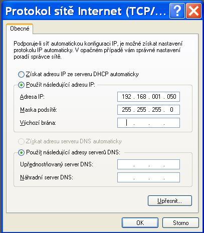 Vyberte Použít následující adresu IP: Zadejte správnou IP adresu Např.: 192.168.1.51 Maska podsítě se doplní Automaticky (255.