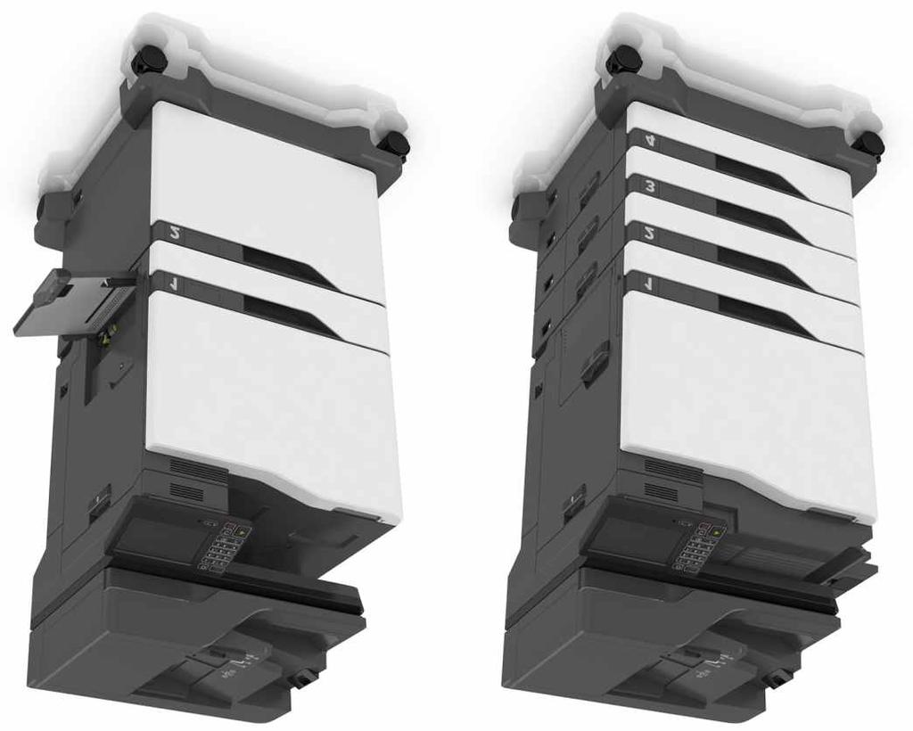 Informace o tiskárně 12 1 Ovládací panel 2 Standardní zásobník 3 Podavač ADF (automatický podavač dokumentů) 4 Sešívací finišer 5 Standardní zásobník na 550 listů 6 Volitelné zásobníky na 550 listů 7