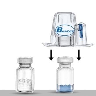 Bílým plastovým hrotem propíchněte zátku lahvičky s práškem ADVATE. Rozpouštědlo se samo pod tlakem natáhne do injekční lahvičky s práškem ADVATE (Obr. C). 8.
