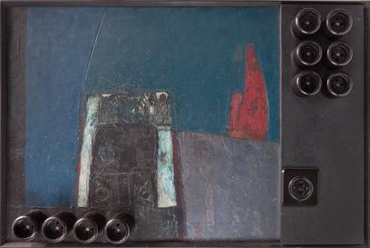 Ochrymčuk Leonid (1929 2005) Kontakty, 1969 kombinovaná technika, asambláž, dřevěná deska, rám,