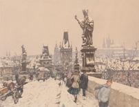 Stretti-Zamponi Jaromír (1882 1959) Pražské zasněžené střechy akvatinta, papír, pasparta, rám, sklo, 34 x 34 cm sign.