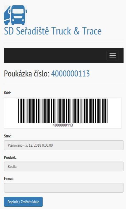 2. Základní informace o poukázce (obr.2) Zde se nabízí dvě možnosti : a) - zastavte vozidlem na vyznačeném místě před vjezdovou závorou seřadiště tak aby mohla být kamerou načtena SPZ Vašeho vozidla.