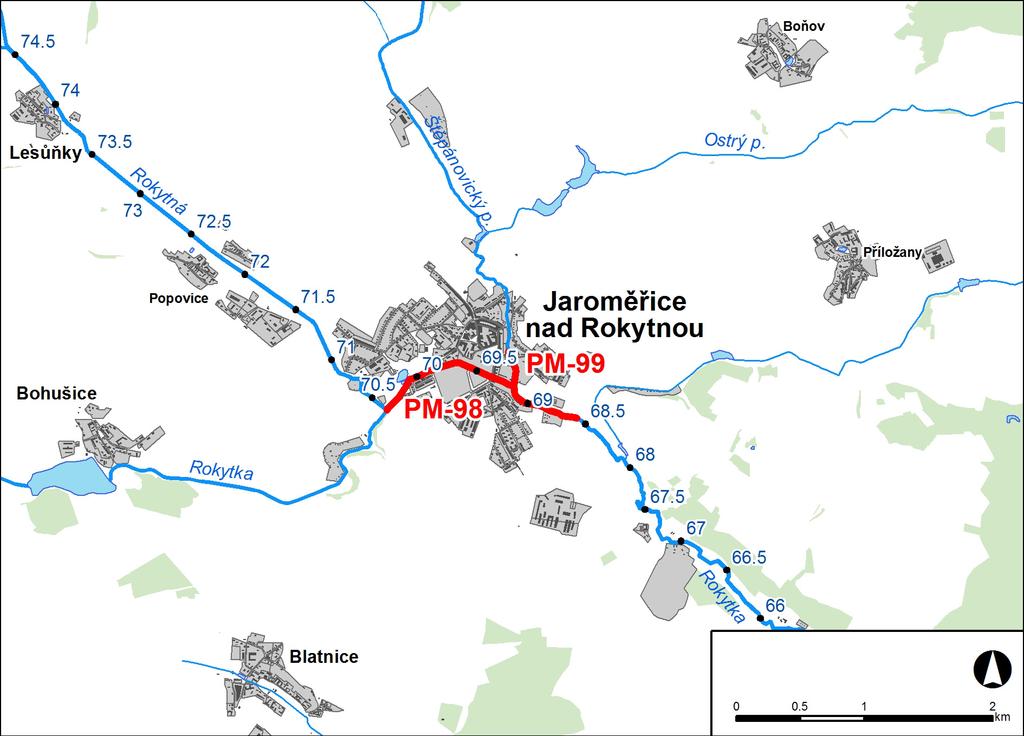 1. LOKALIZACE Předmětem řešeného území jsou úseky na řece Rokytné a na Štěpánovickém potoce v Jaroměřicích nad Obr. č. 1 Přehledná mapa řešeného území 2.