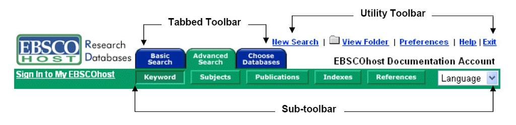Obrázek č. 9 Ukázka lišty EBSCO stav z roku 2003 [EBSCO, 2003] Grafické řešení horní navigační lišty viz. obrázek číslo 9.