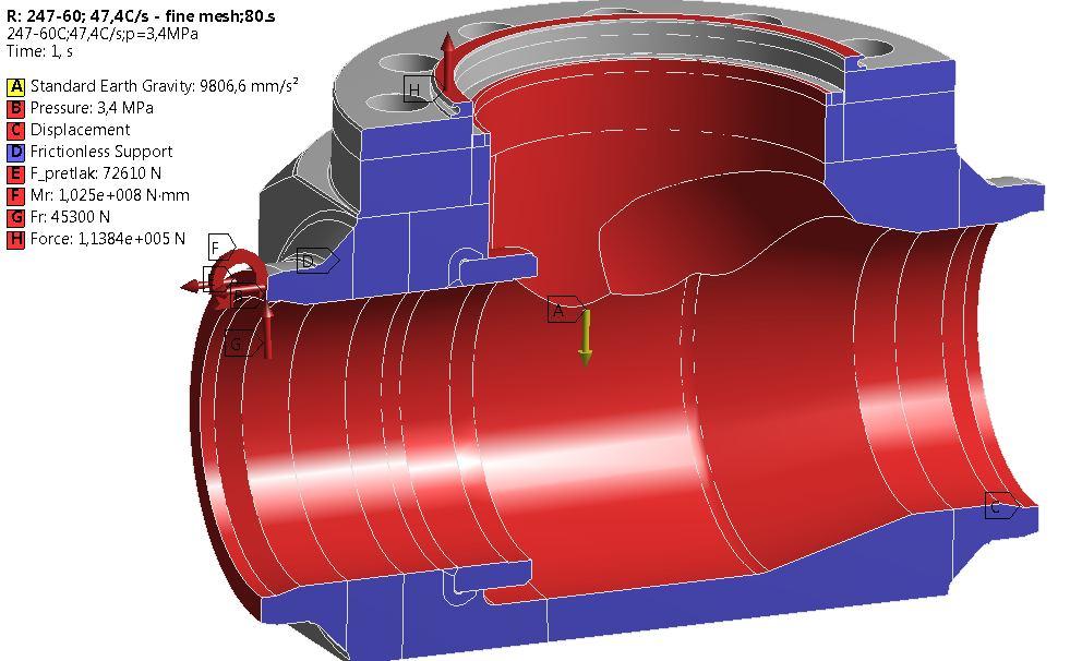 V místě přvaření sedla k tělesu se uvažoval kontakt typu bonded.