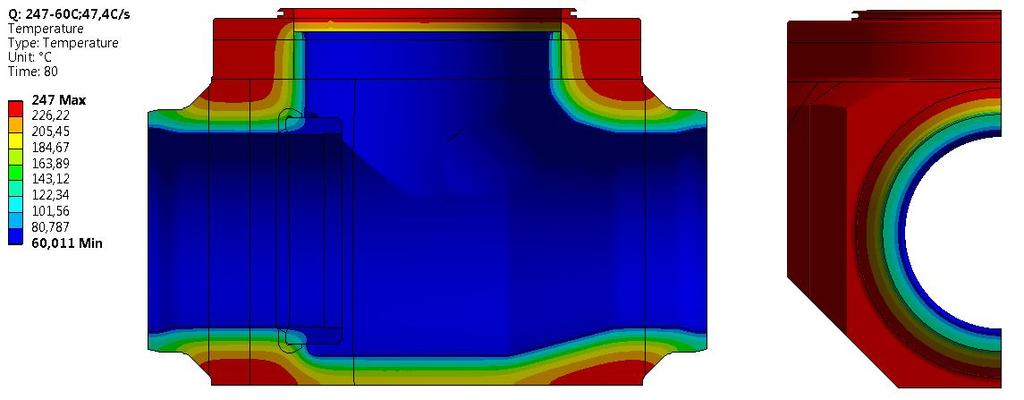 20th SVSFEM ASYS Users' Group Meetng and Conference 202 2.3 Výsledky výpočtu Vzhledem k rychlé změně teploty pracovního méda armatury bylo těleso nerovnoměrně ochlazeno po tloušťce.
