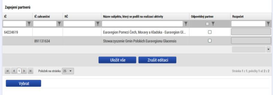Pomoci tlačítka Editovat vše se u každého partnera otevře volba, zda se jedná o odpovědného partnera, tato může