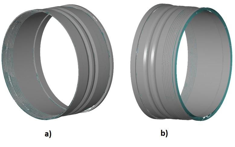 průměrech (Obr. č. 33b). Zde lze vidět barevně odlišené odchylky od CAD modelu. Po celou dobu měření byl aktivovaný senzor detekci vibrace. Obr. č 33 Skenování a) vnitřní b) vnější části kalibru 3.1.
