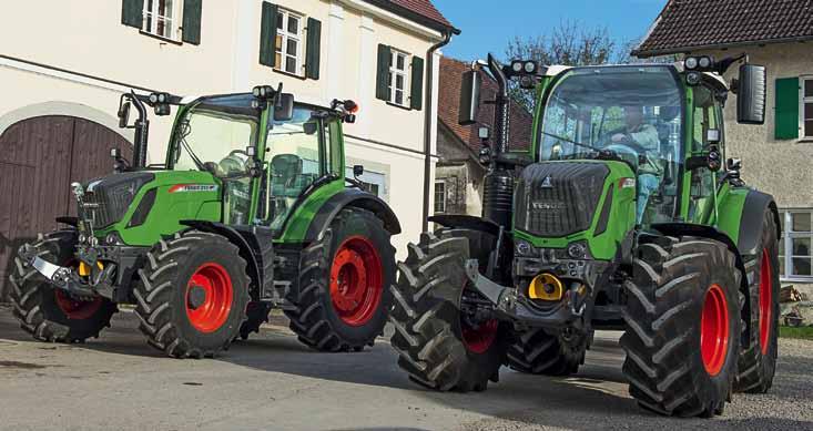 32 Přípojky vpředu 33 Vpředu zcela funkční. Pohyb plný síly Stabilní polorámová konstrukce traktorů Fendt 300 Vario umožňuje silný přední zvedací závěs se zdvihovou silou 3.130 dan.