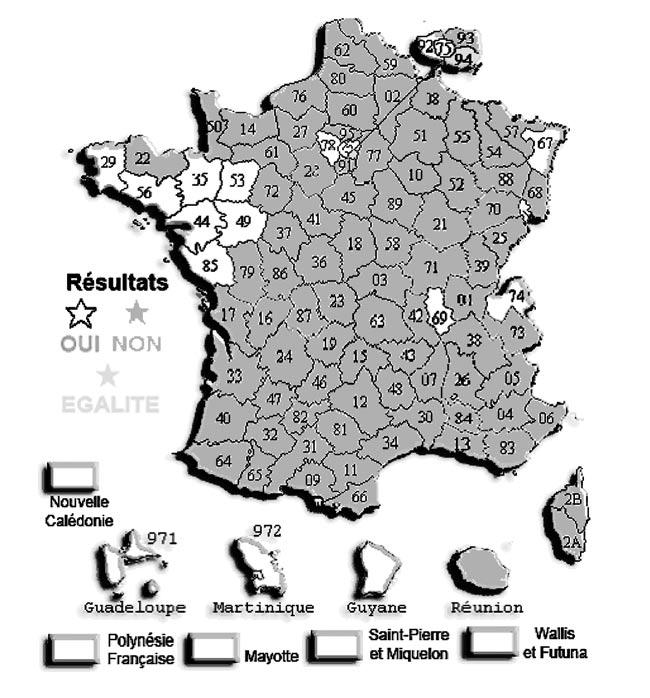M A T E R I Á L Y 493 Mapa č. 3. Výsledky hlasování referendum 2005, departementy Pramen: http://www.election-politique.