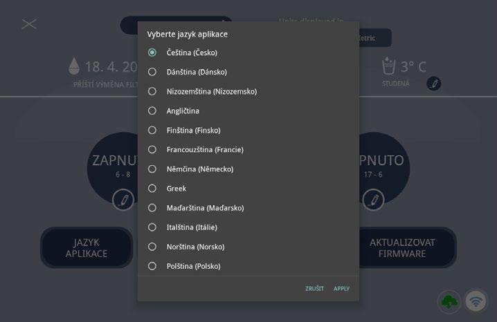 7. Zvolte jazykové nastavení 8. Klepněte na položku pro potvrzení zvolení Apply. 9. Pro restart aplikace poklepejte na položku Ano Yes. Aplikace se restartuje ve zvoleném jazykovém nastavení.