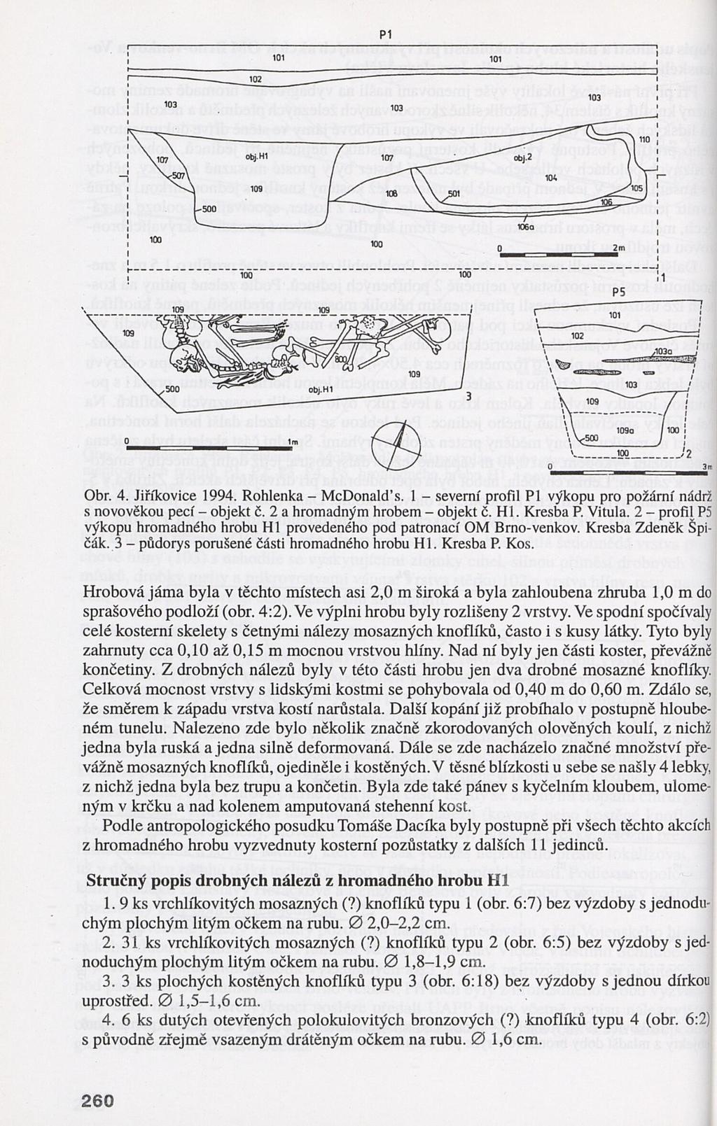 PI Obr. 4. Jiříkovice 1994. Rohlenka - McDonald s. 1 - severní profil PÍ výkopu pro po s novověkou pecí - objekt č. 2 a hromadným hrobem - objekt č. H1. Kresba P. Vitula.