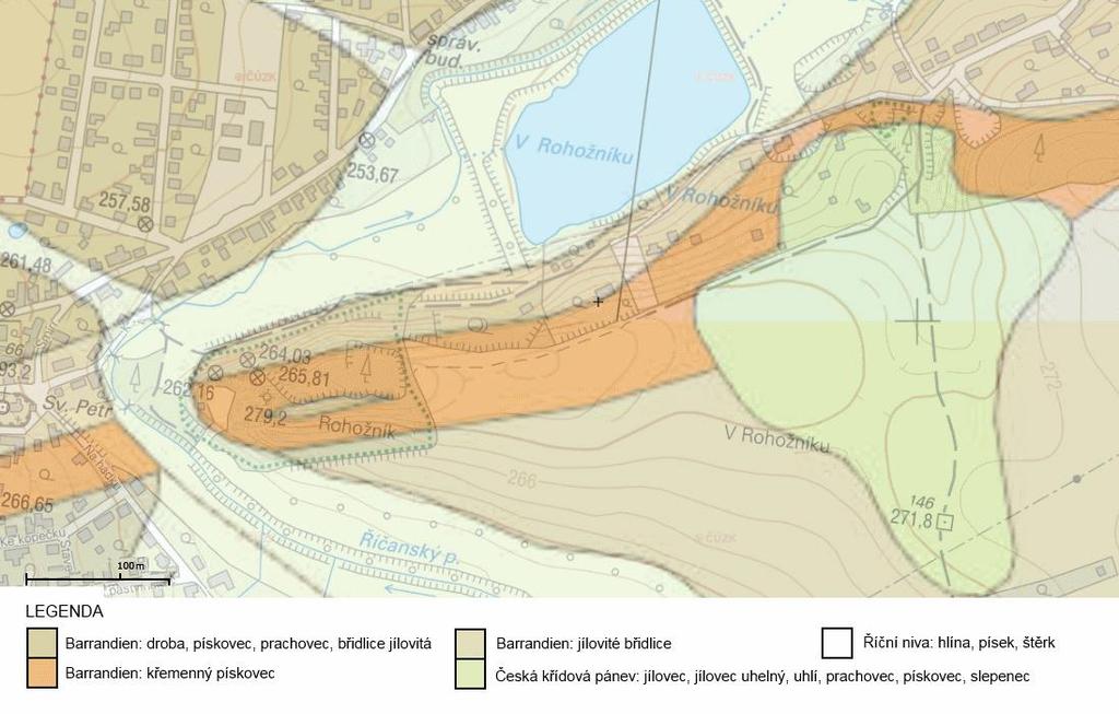 Obr. 6. Hlavní geologické komponenty v blízkosti lokality (Použita WTMS Geologické mapy 1:50 000 přeložená přes WTMS Základní mapy ČR dle geoportálu http://mapy.geology.