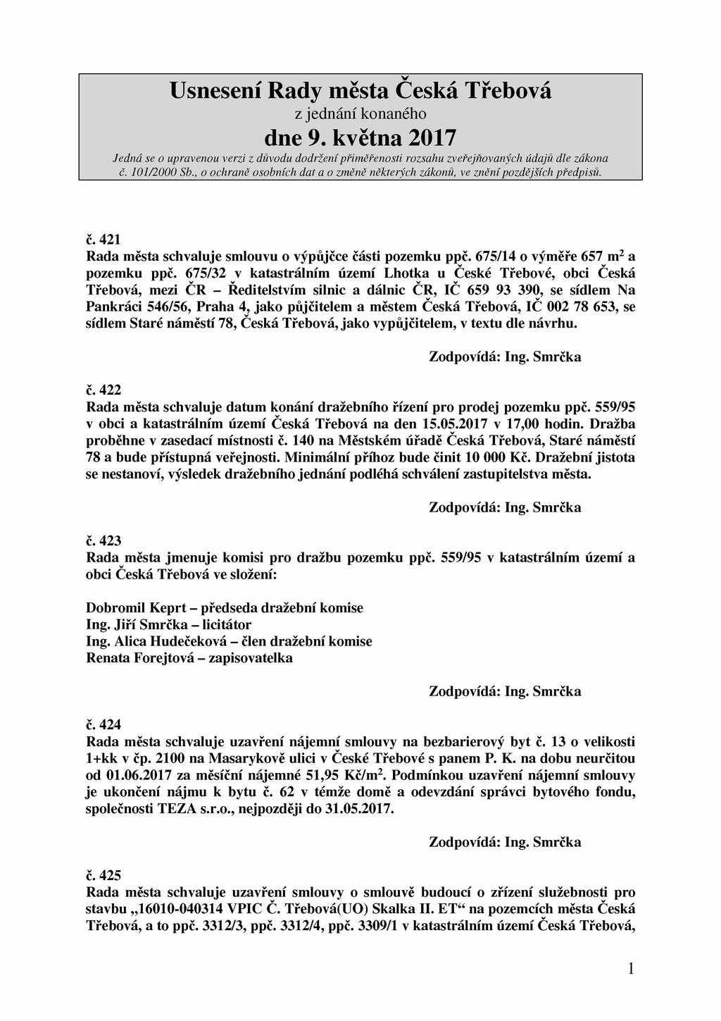 Usnesení Rady města Česká Třeboá dne 9. kětna 2017 Jedná se o upraenou erzi z důodu dodržení přiměřenosti rozsahu zeřejňoaných údajů dle zákona č. 101/2000 Sb.