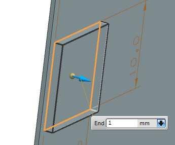 Definujte skicu na boční části plechu dle obrázku. 42. Ukončete skicování a nastavte parametry a směr vysunutí dle obrázků.