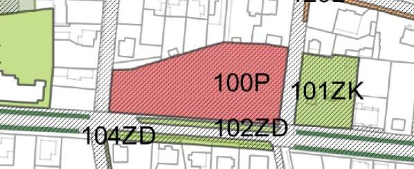 Plocha parku v územním plánu města úvaly (Převzato: Územní plán města Úvaly Hlavní výkres, listopad 2012 (Ing, Arch. Ivan Vavřík) dostupné z http://www.mestouvaly.