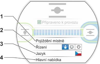 5 Nabídka Start 5 Nabídka Start 5 Nabídka Start 1 Podle zvoleného typu řízení je aktivní tento řádek nabídky: Pokud vyberete druh řízení MÍSTNĚ, zobrazí se na tomto řádku nabídky Pojíždění místně.