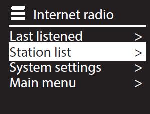 Připojení k WLAN: Vyberte přístupový bod WLAN, ke kterému se má internetové rádio připojit, a pro potvrzení stiskněte otočný ovladač.