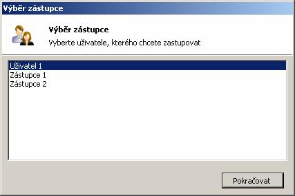 Pokud přihlašující se uživatel nemá zvolené žádné uživatel, které by mihl zastupovat, pak se dialog neobjeví.