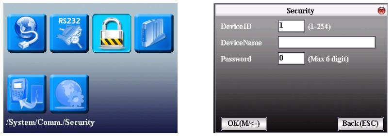 Zabezpečení (není u verze Lite) Je-li použita komunikace mezi počítačem a terminálem po RS232/RS485, je třeba nastavit ID zařízení. ID zařízení: 1-254.