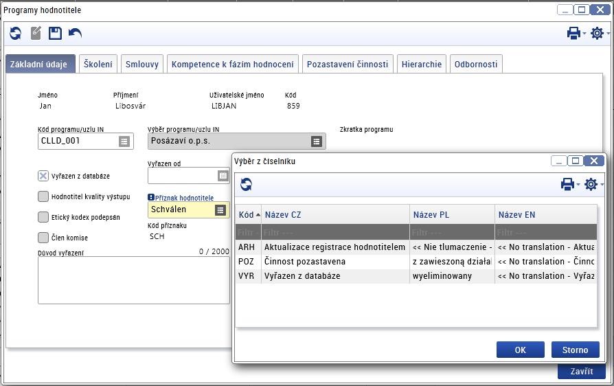 Na záložce Programy hodnotitele následně stiskne tlačítko Nový. Zde se uživateli zobrazí záložky, které se vztahují k jednomu konkrétnímu programu, resp.