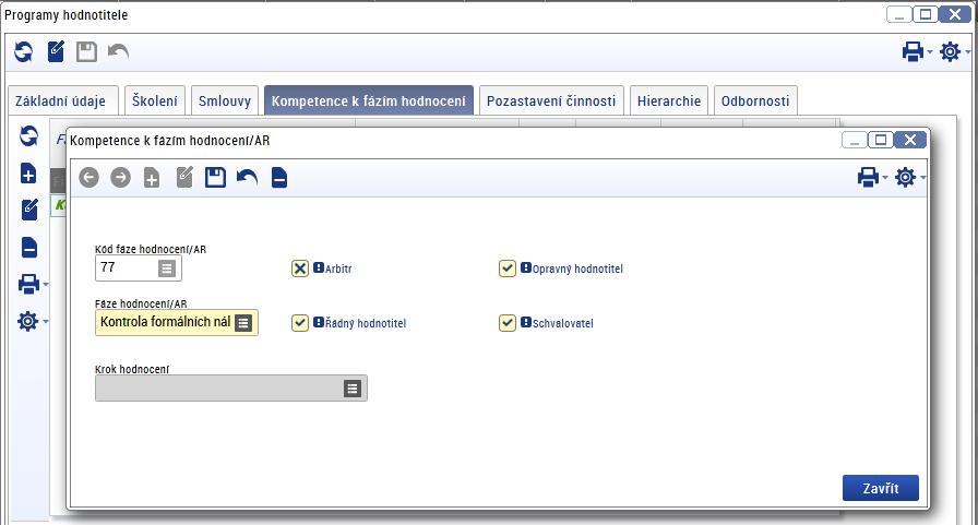 Obrázek 11 Editace záznamů na záložce Kompetence k fázím hodnocení Na záložce Kompetence k částem hodnocení uživatel nastavuje hodnotiteli kompetence na daný program.