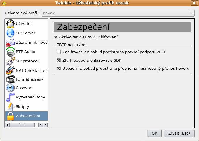 21, uživatel může pouze zapnout nebo vypnout použití protokolu ZRTP, ale už mu není dovoleno nastavit jednotlivé