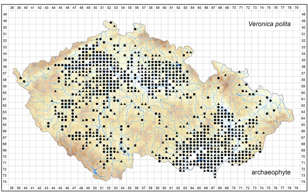 Author of the map: Pavel Dřevojan, Jiří Danihelka Map produced on: 15-10-2017 Distribution of Veronica polita in the Czech Republic Database records used for producing the distribution map of