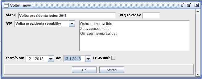 Založení nových voleb Kliknutím na ikonu Seznam voleb a stiskem tlačítka Nový se dostanete do formuláře, ve kterém vyplníte: Název, typ a termín, ve kterém se volby budou konat, tj. 12. a 13.