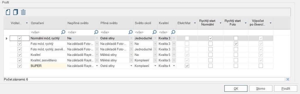 RAYTRACER - Přednastavené a vlastní profily Vlastní profily Menu záložka Systém Nastavení systému Raytracer ikona