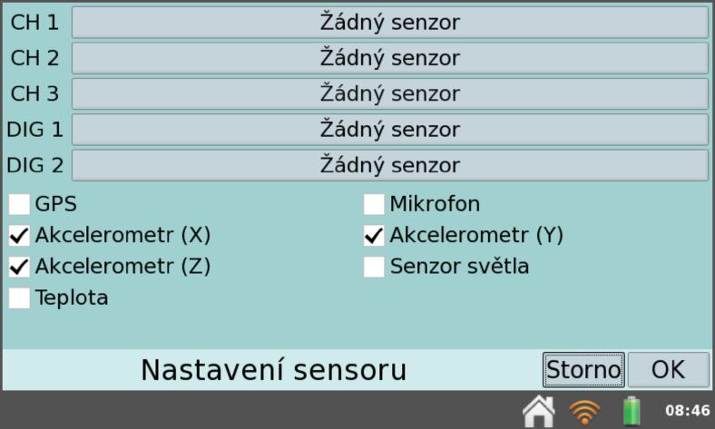 Pro zpřesnění měření je tedy potřeba zapnout všechny tři osy akcelerometru a poté přepnout v LabQuestu do záložky s tabulkou hodnot a vytvořit novou veličinu Celkové zrychlení, která se bude