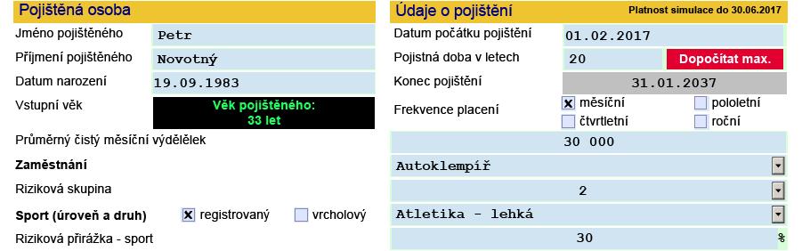 2. Kalkulace pojistného pro dospělého V této části nejprve označte zaškrtávací pole dle vybraných pojištění, o která má klient zájem.